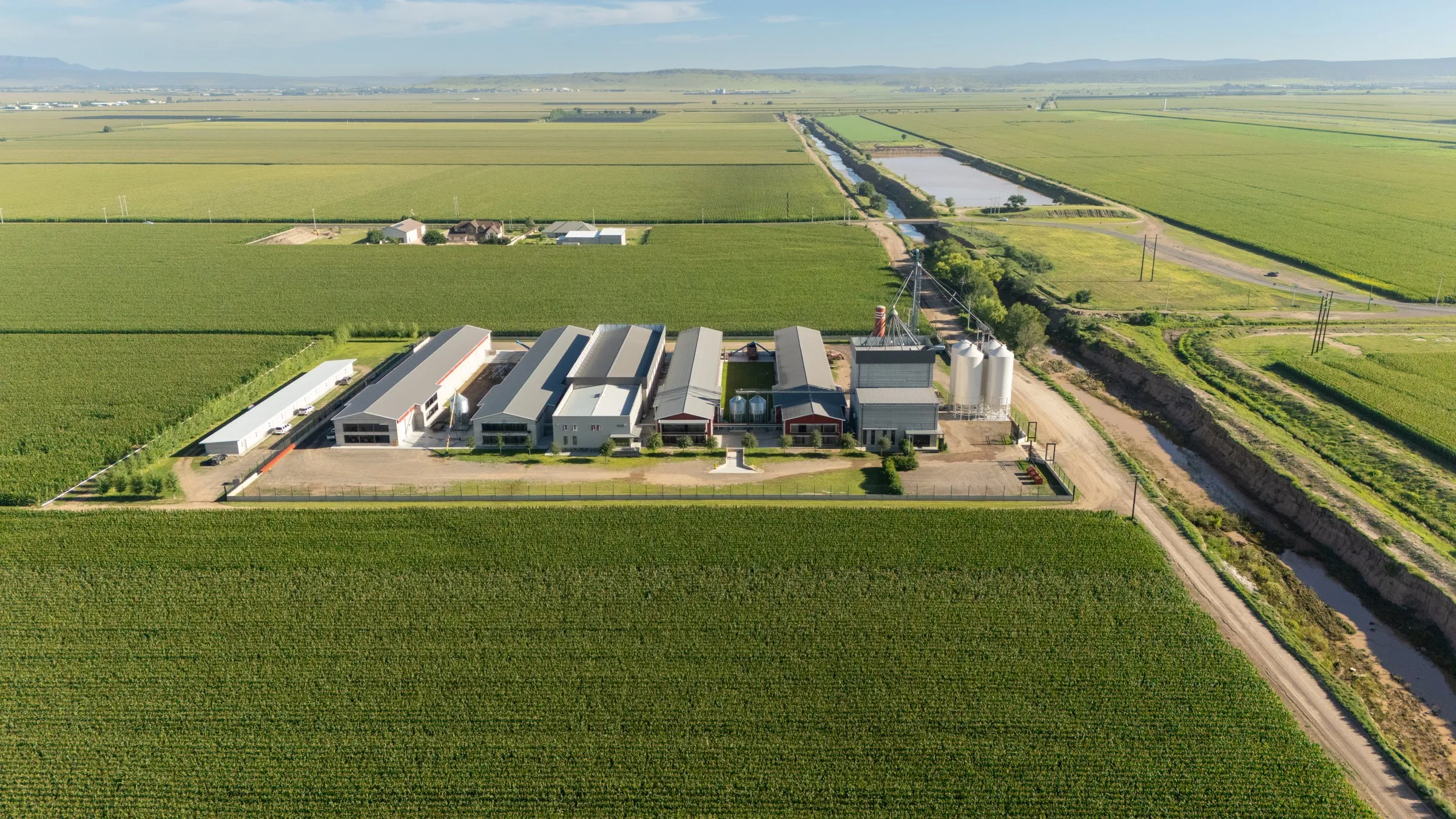 La granja Blanqhof entre campos de cultivo en Cuauhtémoc, Chihuahua